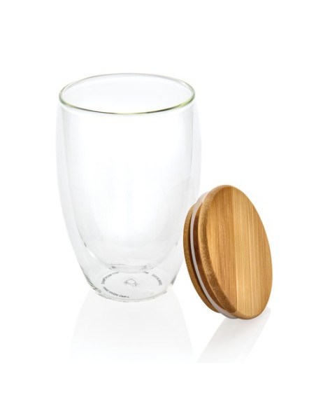 Vidrio de borosilicato de doble pared con tapa de bambú 350m