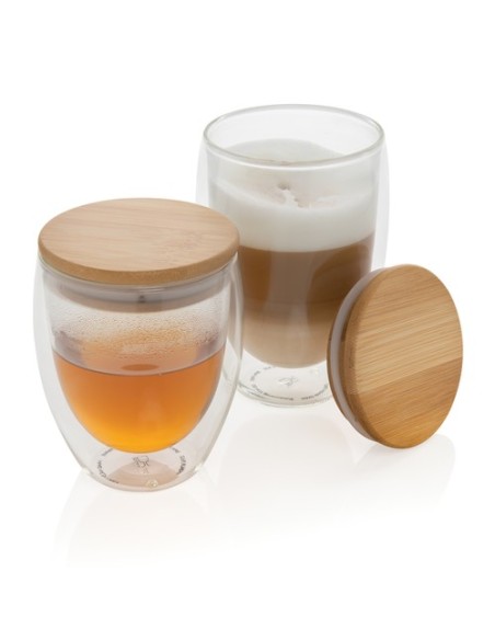 Vidrio de borosilicato de doble pared con tapa de bambú 350m