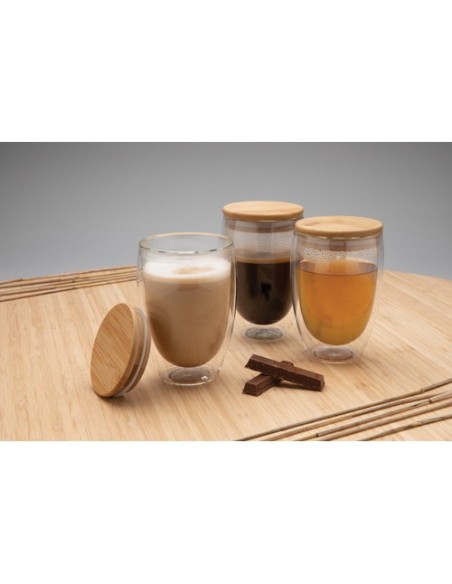 Vidrio de borosilicato de doble pared con tapa de bambú 350m