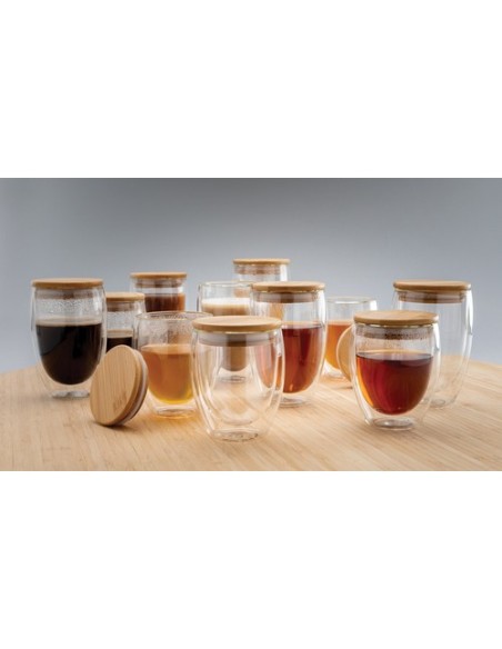 Vidrio de borosilicato de doble pared con tapa de bambú 350m