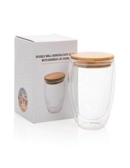 Vidrio de borosilicato de doble pared con tapa de bambú 350m