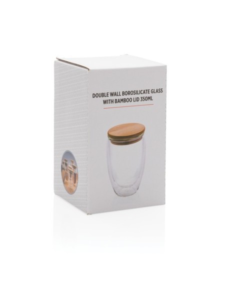 Vidrio de borosilicato de doble pared con tapa de bambú 350m
