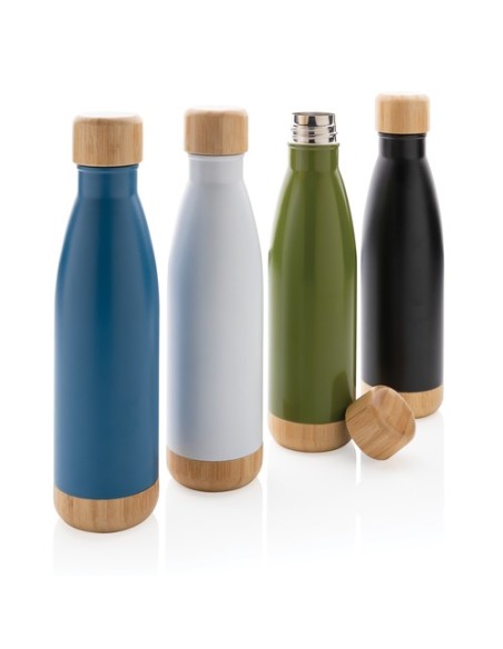 Botella acero inoxidable al vacío con tapa y fondo de bambú