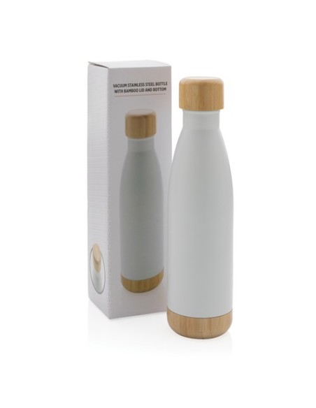 Botella acero inoxidable al vacío con tapa y fondo de bambú